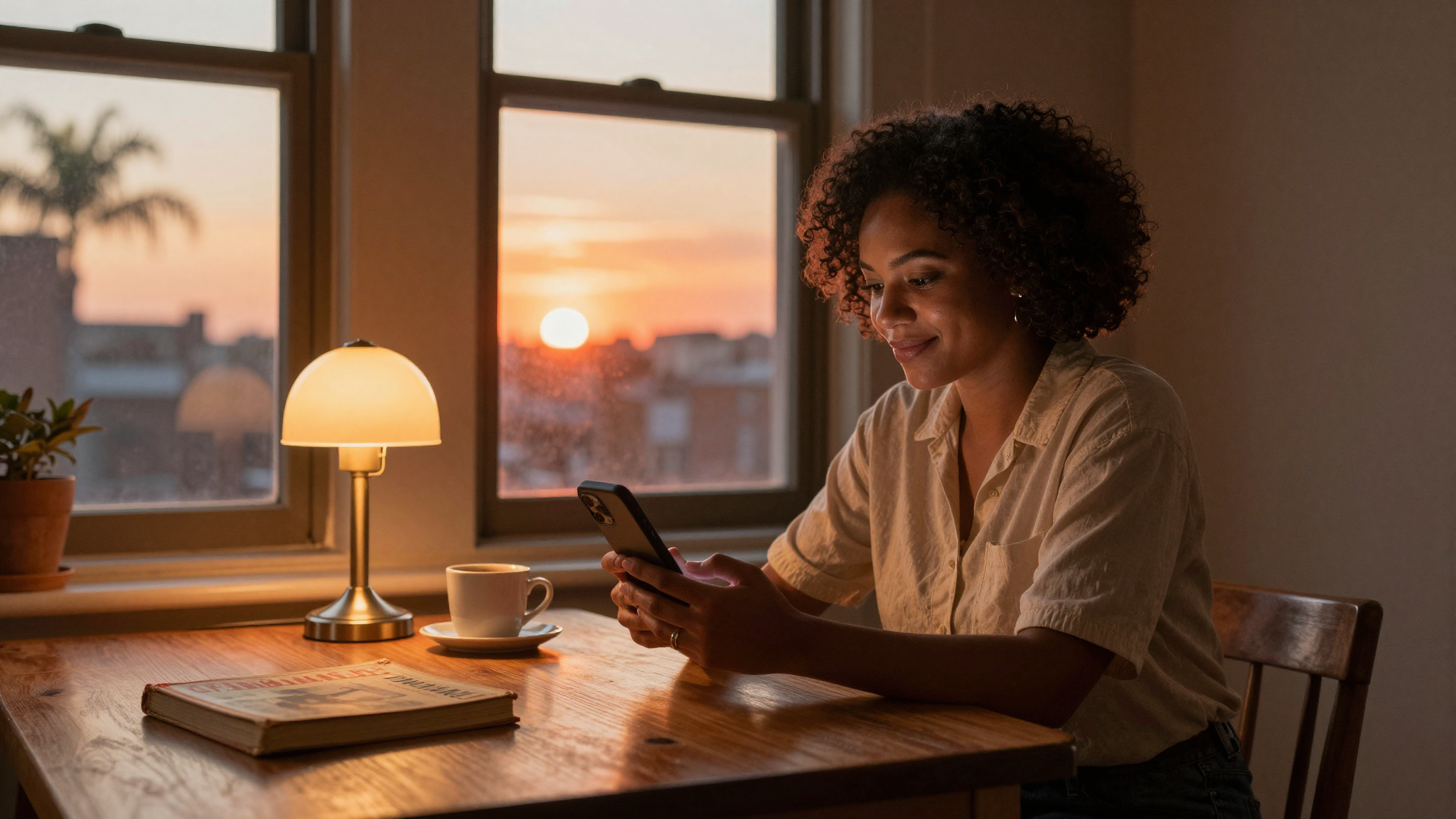 Caribbean diaspora family at the kitchen table at golden hour, looking at a money transfer on a phone
